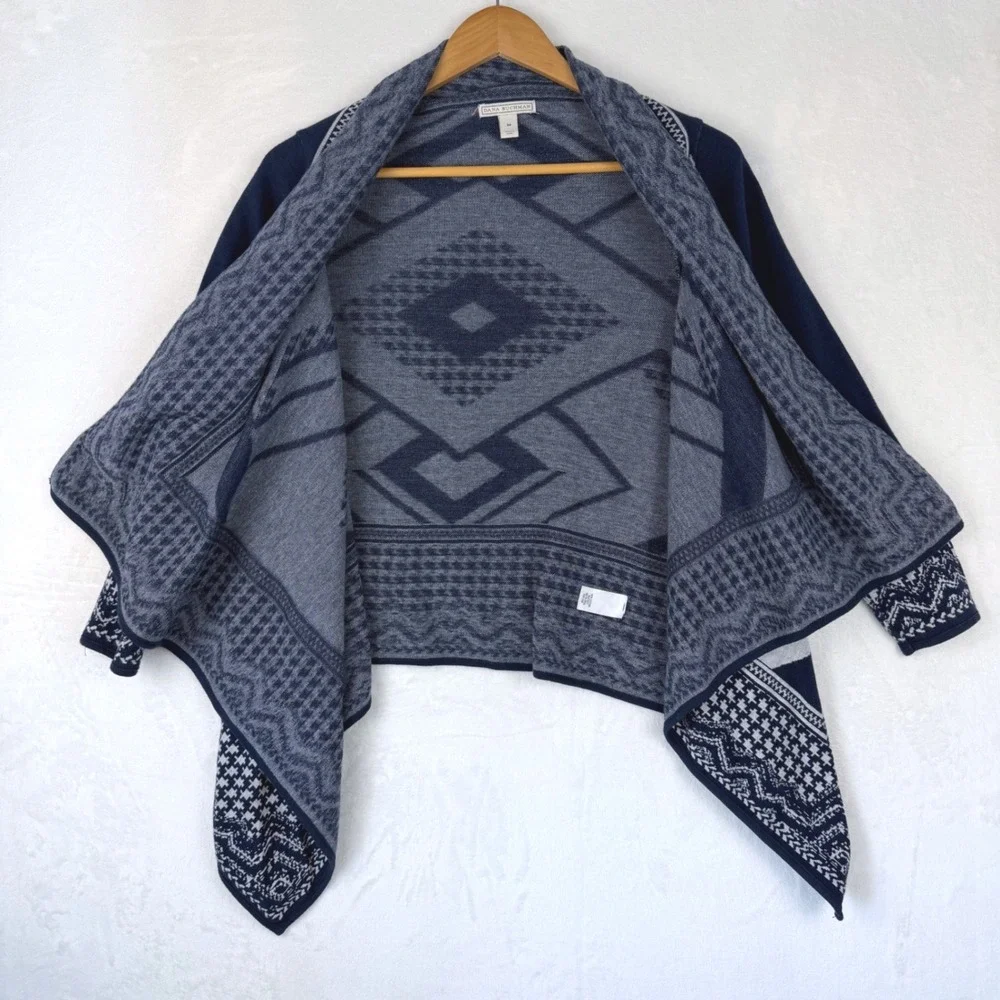 Dana Buchman Navy Blue White Geometric Cotton Open Front Cardigan Sweater Mens M